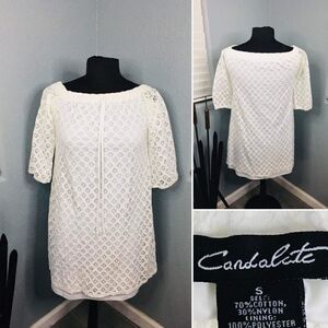 Candalite Women's Size S White Crochet 3/4 Sleeve Mini Dress